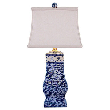 Blue and White Geometric Porcelain Vase Table Lamp 17.5"