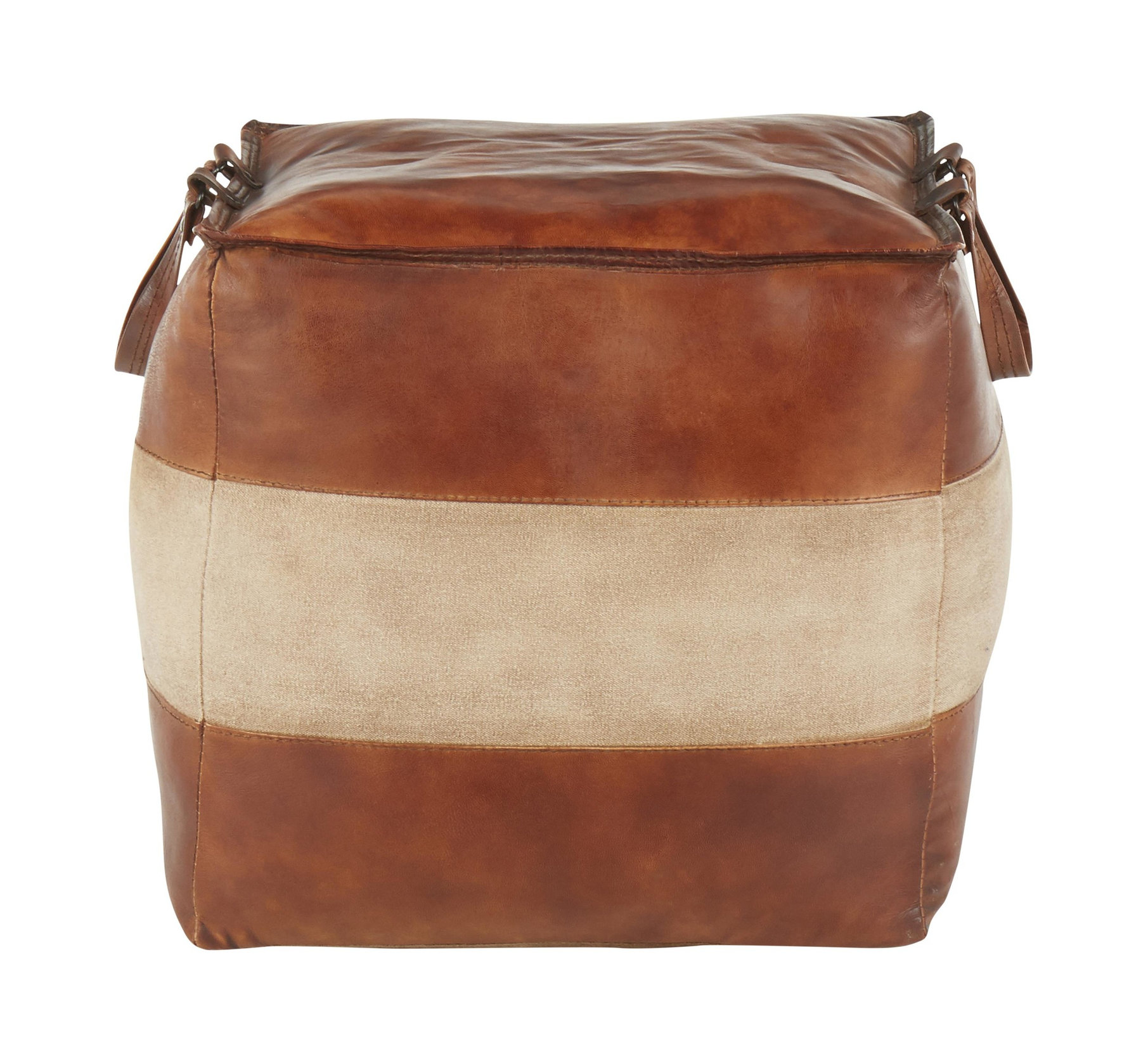 Cobbler Pouf, Brown Leather, Tan Canvas