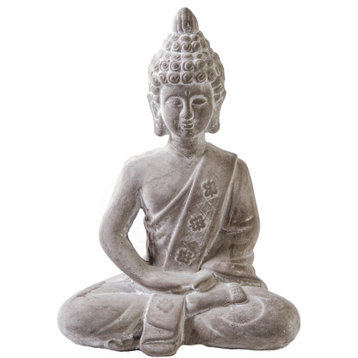 Cement Meditating Buddha Figurine with Shoulder Sash Design Concrete Gray Finish