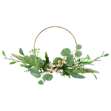 Eucalyptus Leaf and Fern Golden Ring Wreath Spring Decor, Green and Gold 30"