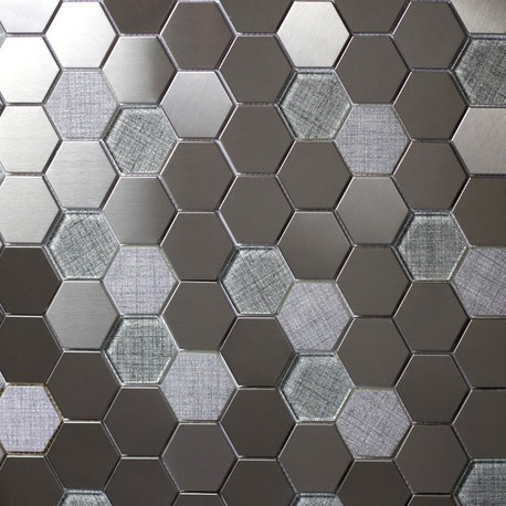 Enchanted Metals 12"x12" Glass and Metal Hexagon Mosaic Tile,Silver, 1 Piece