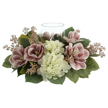 Hydrangea and Magnolia Glass Candle Holder Centerpiece