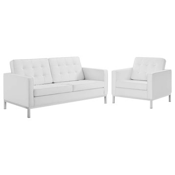 Loft Tufted Upholstered Faux Leather Loveseat and Armchair Set, Silver White