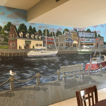 New England Harbor Town Mural, hand painted throughout a lower level