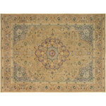 Bareens Designer Rugs - Boho Chic Distressed Garrett Tan/Gray Wool Rug - 8'11'' x 12'9'' - A mesmerizing addition to any decor, this brand-new hand knotted vintage wool rug featuring vibrant colors and a traditional design is made by skilled artisans capable of creating the most exceptional Persian knotted rugs. Harnessing the natural energy of the sun, each rug is organically neutralized from its original color, distressed and then saturated in an infusion of a bold vibrant color pallet to give it a fresh perspective and modern appeal. This masterpiece draws its inspiration from traditional and timeless rug designs, which provides both harmony and contrast bringing a phenomenal twist in any decor. An intricate design and exquisite coloration make this wool rug a standout piece for any room.