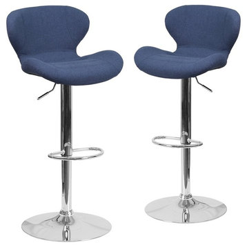 Contemporary Blue Fabric Adjustable Height Barstools With Chrome Base, Set of 2