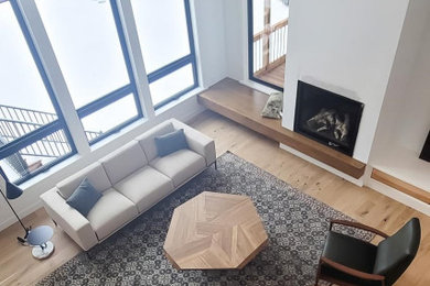 Large 1960s open concept light wood floor and vaulted ceiling living room photo in Cedar Rapids with white walls, a two-sided fireplace and a metal fireplace