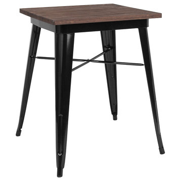 23.5" Square Metal Indoor Table With Walnut Rustic Wood Top, Black