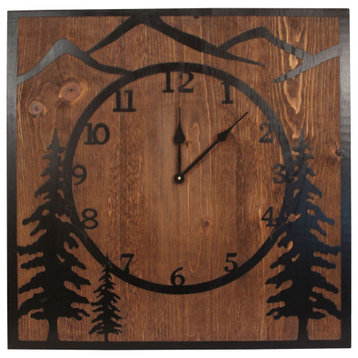 Black Iron and Stained Wood Wall Clock With Etched Tree Scene