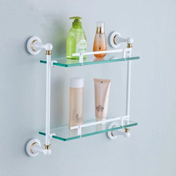 Brass Double Roasted White Porcelain with Tempered Glass Bathroom Shelves TCB800 - Bathroom Accessories