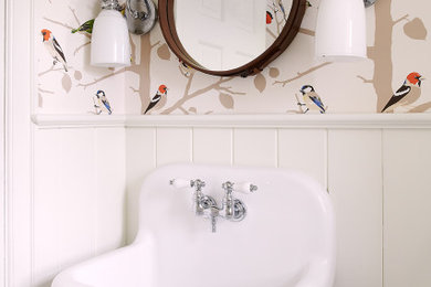 Transitional wall paneling, wainscoting and wallpaper powder room photo in Philadelphia with multicolored walls and a wall-mount sink