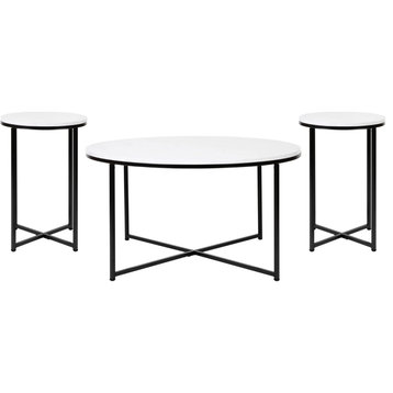 3 Pieces Coffee Table Set, Crossed Base With Round Top, White Marble/Matte Black