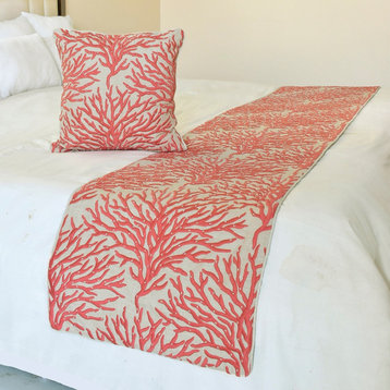Designer Pink Linen Full 68"x18" Bed Runner, Coral, Pearl Coraline Pearls
