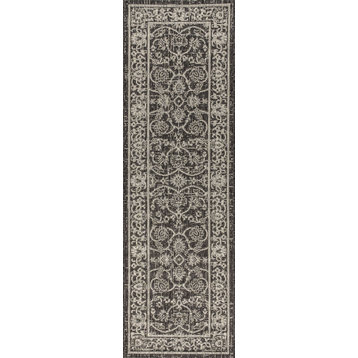 Palazzo Vine Border Textured Weave Indoor/Outdoor Black/Gray 2' x10' Runner Rug