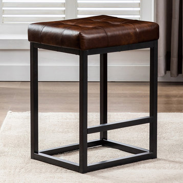Button Tufted Open Frame Counter Stools, Dark Brown, 24 Inch