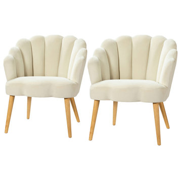 Scalloped Velvet Arm Chair With Tufted Back Set of 2, Ivory