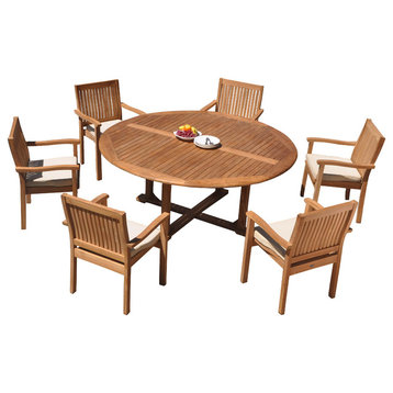 7-Piece Outdoor Teak Dining Set: 72" Round Table, 6 Wave Stacking Arm Chairs