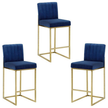 Home Square 3 Piece 26" Velvet Counter Stool Set with Gold Metal Base in Navy