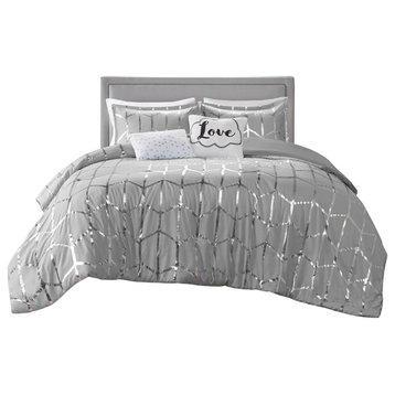 Intelligent Design Raina Metallic Printed Comforter Set, Grey/Silver