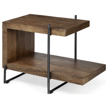 HomeRoots Medium Brown Wood U Shaped Side Table With Extended Storage Shelf