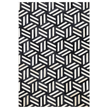 Handmade Black & White Cubed Geometric Leather Area Rug by Tufty Home