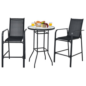 Costway 3 PCS Outdoor Patio Bar Table Stool Set Height Tempered Glass Top