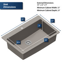 Karran QT-812 Top Mount 33" Large Single Bowl Quartz Kitchen Sink, Concrete
