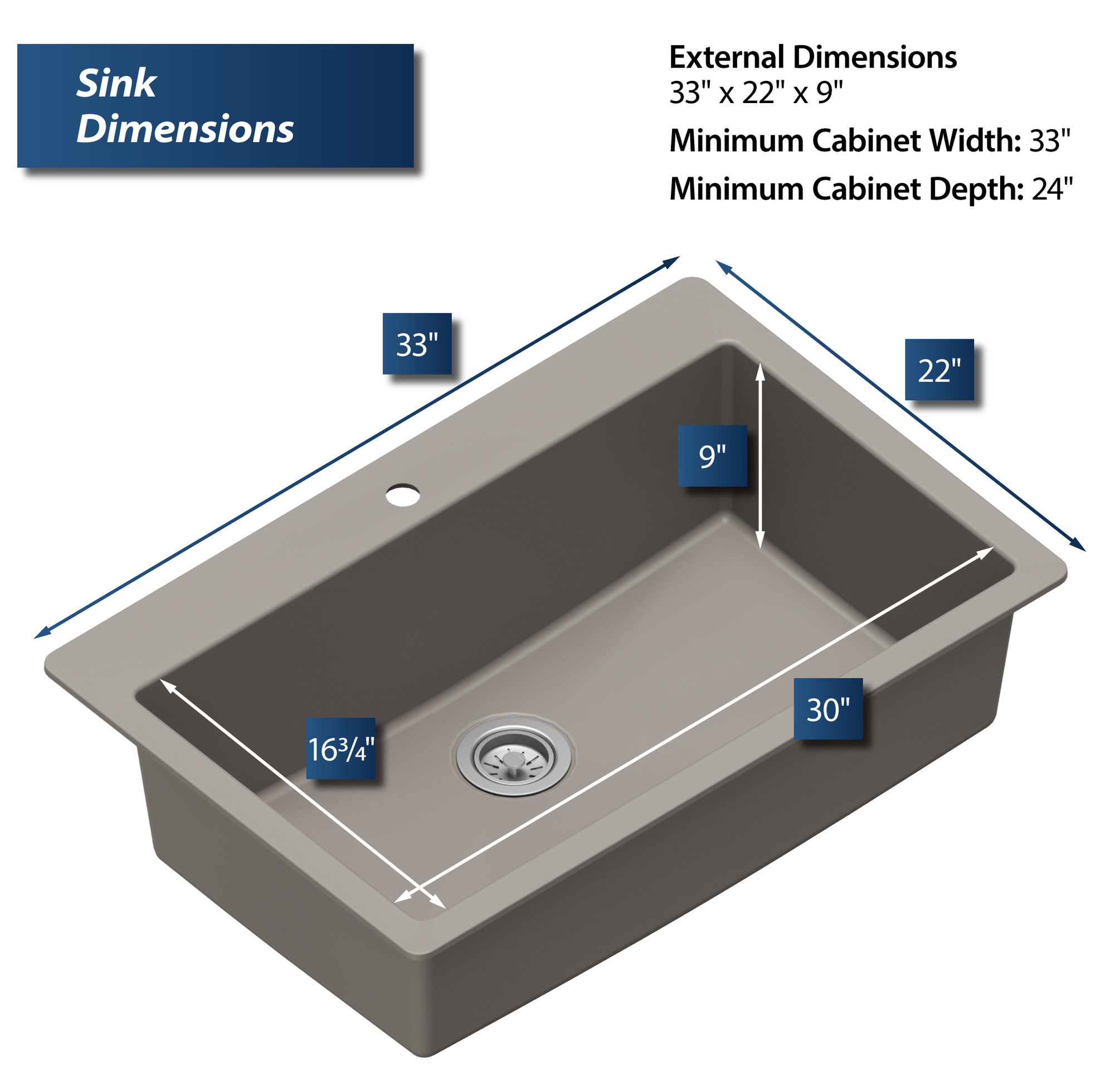 Karran QT-812 Top Mount 33" Large Single Bowl Quartz Kitchen Sink, Concrete