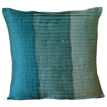 Color Block 16"x16" Art Silk Blue Throw Pillows Cover for Couch, Shades Of Teal