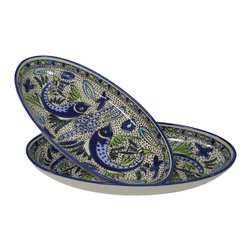 Le Souk Ceramique - Large Stoneware Oval Platters, Set of 2 Aqua Fish Design - Serving Dishes And Platters