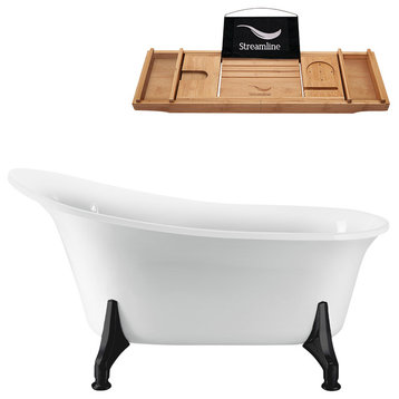 59" White Clawfoot Tub and Tray, Black Feet, Chrome Internal Drain