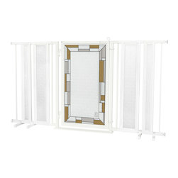 Fusion Gates - Fusion Gate with Bauhaus Border Design, White Pearl, 65"-71.4" - Dog Gates