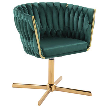 Braided Renee Swivel Accent Chair, Gold Metal, Green Velvet