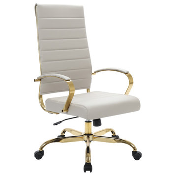 LeisureMod Benmar High-Back Leather Office Chair With Gold Frame, Tan