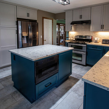 Two Tone Teal and Cream Kitchen with Romano White Quartz Countertop