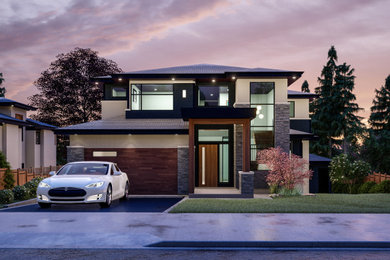 Example of a mid-sized trendy multicolored three-story stucco house exterior design in Vancouver with a hip roof and a shingle roof