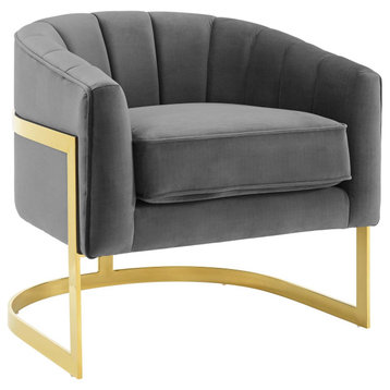 Velvet, Glamour Accent Chair, Luxe Glam Gold Club Chair, Grey