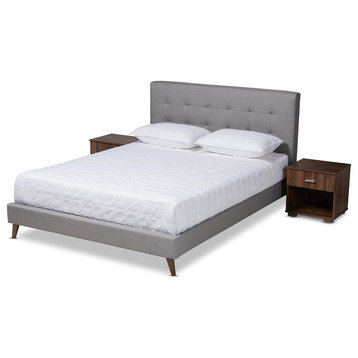 Blake Light Gray Fabric Upholstered Queen Platform Bed With Two Nightstands