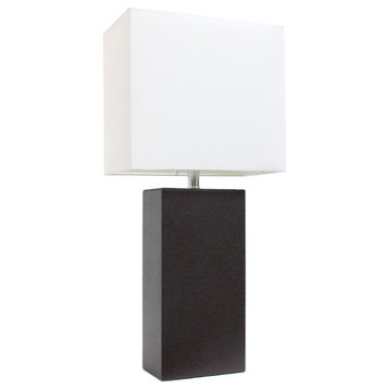Elegant Designs Modern Leather Table Lamp With White Fabric Shade, Espresso Brow