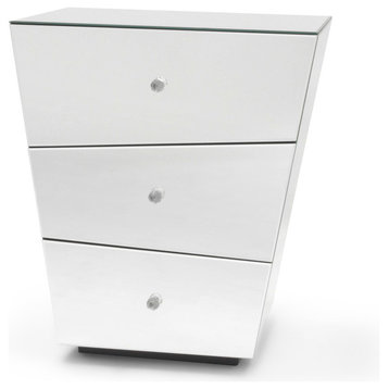 Modern Vailan Side Table Clear Mirrored Glass Finish 3 Drawers Clear Pulls