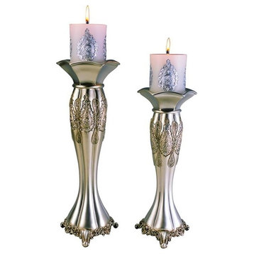 12"/14" Traditional Royal Silver Metalic Candle Holder Set, Set of 2
