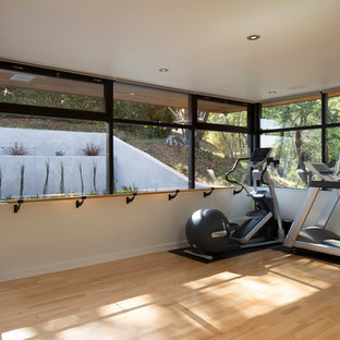 サンフランシスコのコンテンポラリースタイルのおしゃれな多目的ジム (白い壁、淡色無垢フローリング) の写真