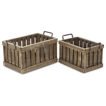 2-Piece Wood Slat Crates With Side Metal Handles