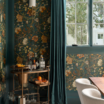 Moody Sophisticated Dining Room with Deep Teal Floral Wallpaper and Trim
