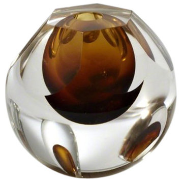 Round Hexagon Cut Art Glass Ball Bud Vase Amber Paperweight Sculpture Geometric