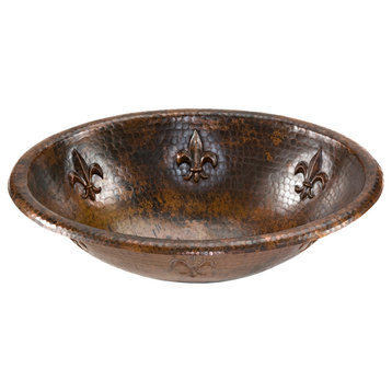 19" Oval Fleur De Lis Self Rimming Hammered Copper Sink, Drain & Accessories