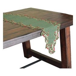 Xia Home Fashions - Holiday Holly Embroidered Cutwork Table Runner, Green, 15x72 - Table Runners