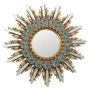 NOVICA Sunny Arrangement And Bronze Gilded Reverse-Painted Glass Wall Mirror
