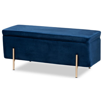 Rockwell Navy Blue Velvet Fabric Upholstered and Gold Finish Metal Storage Bench