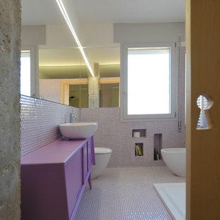 Example of a trendy 3/4 mosaic tile bathroom design in Other with purple cabinets and purple countertops